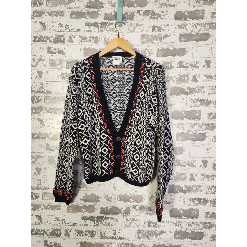 Vintage‎ Preppy Cardigan Sweater Size Small Black Red Geometric 90s Boxy Crop